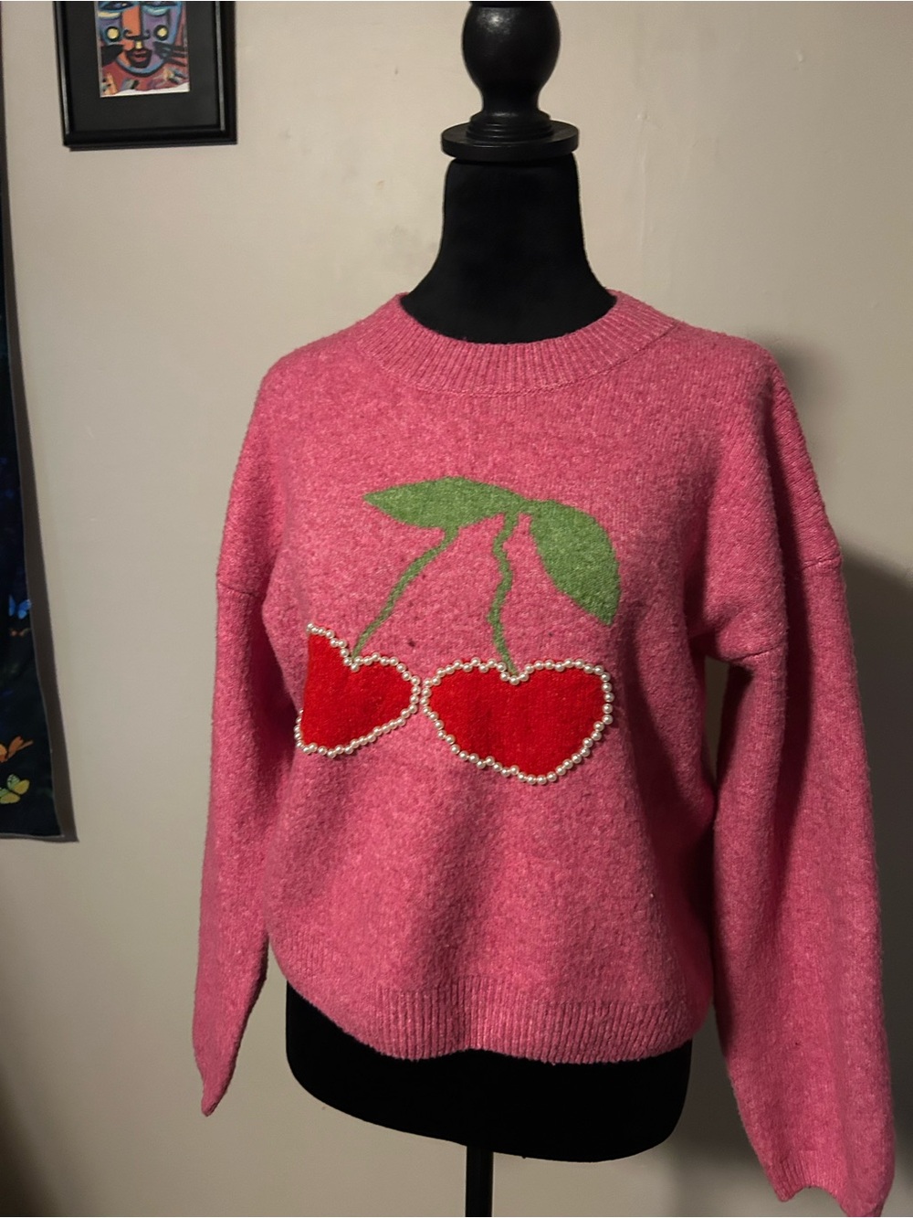 Peach Love California Pink Crewneck Sweater with Red Cherry Motif